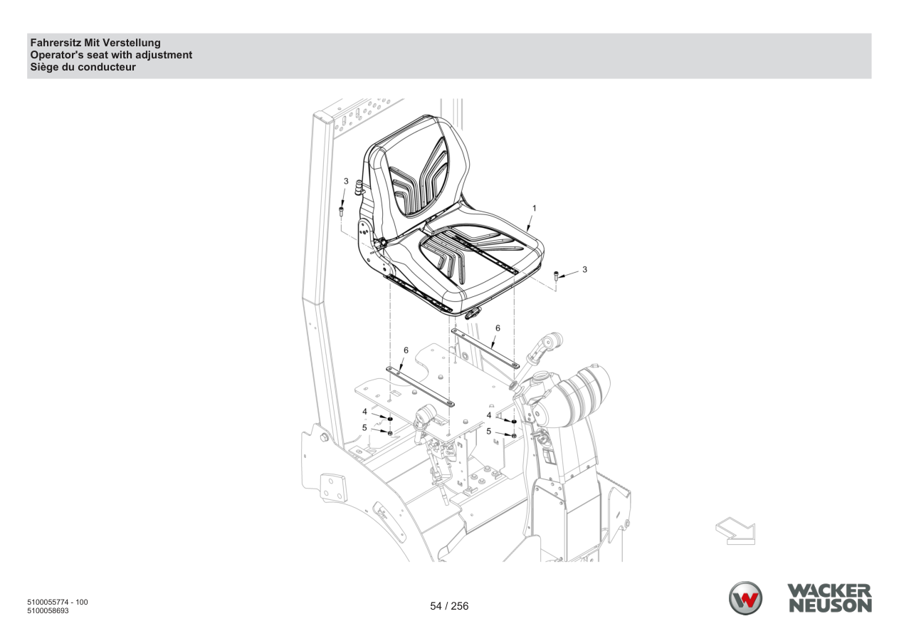 Wacker Neuson RD18-80 Roller Driver seat with adjustment parts diagram