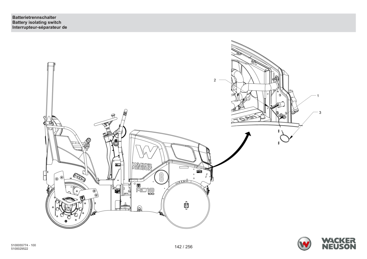 Wacker Neuson RD18-80 Roller Battery isolating switch parts diagram