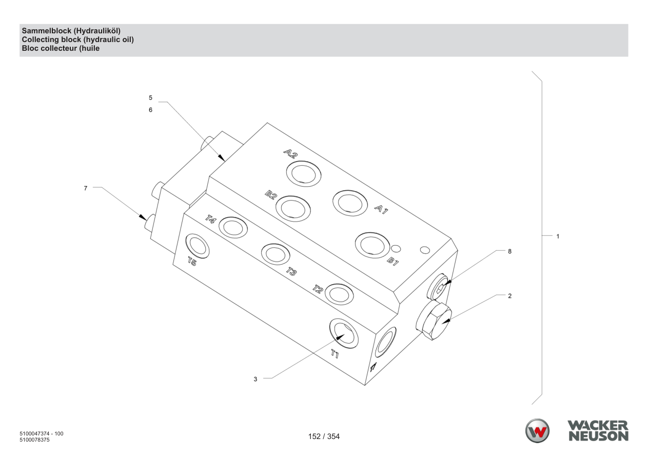 Wacker Neuson RD24-100 Roller Collecting block (hydraulic oil) parts diagram