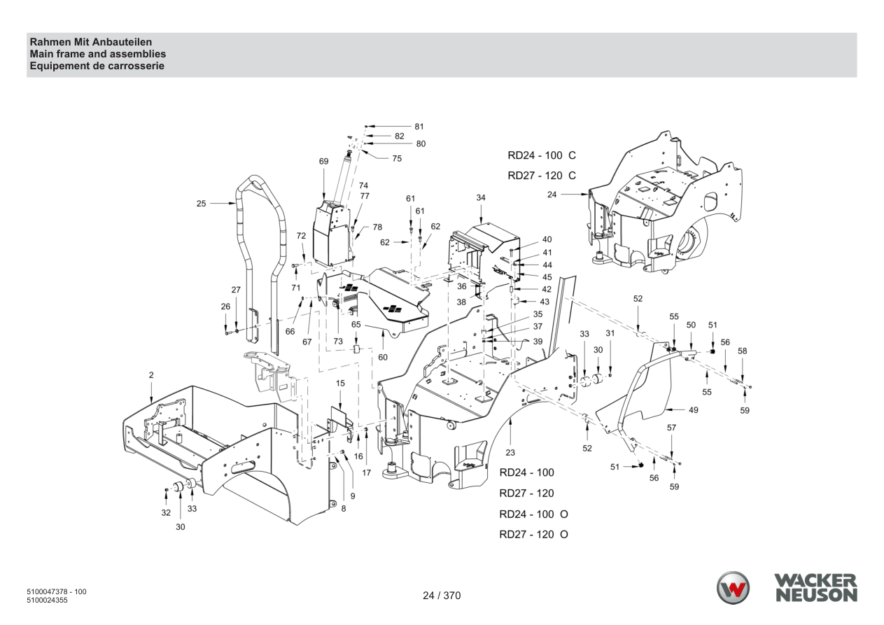 Wacker Neuson RD24-100 Roller Main frame and assemblies parts diagram