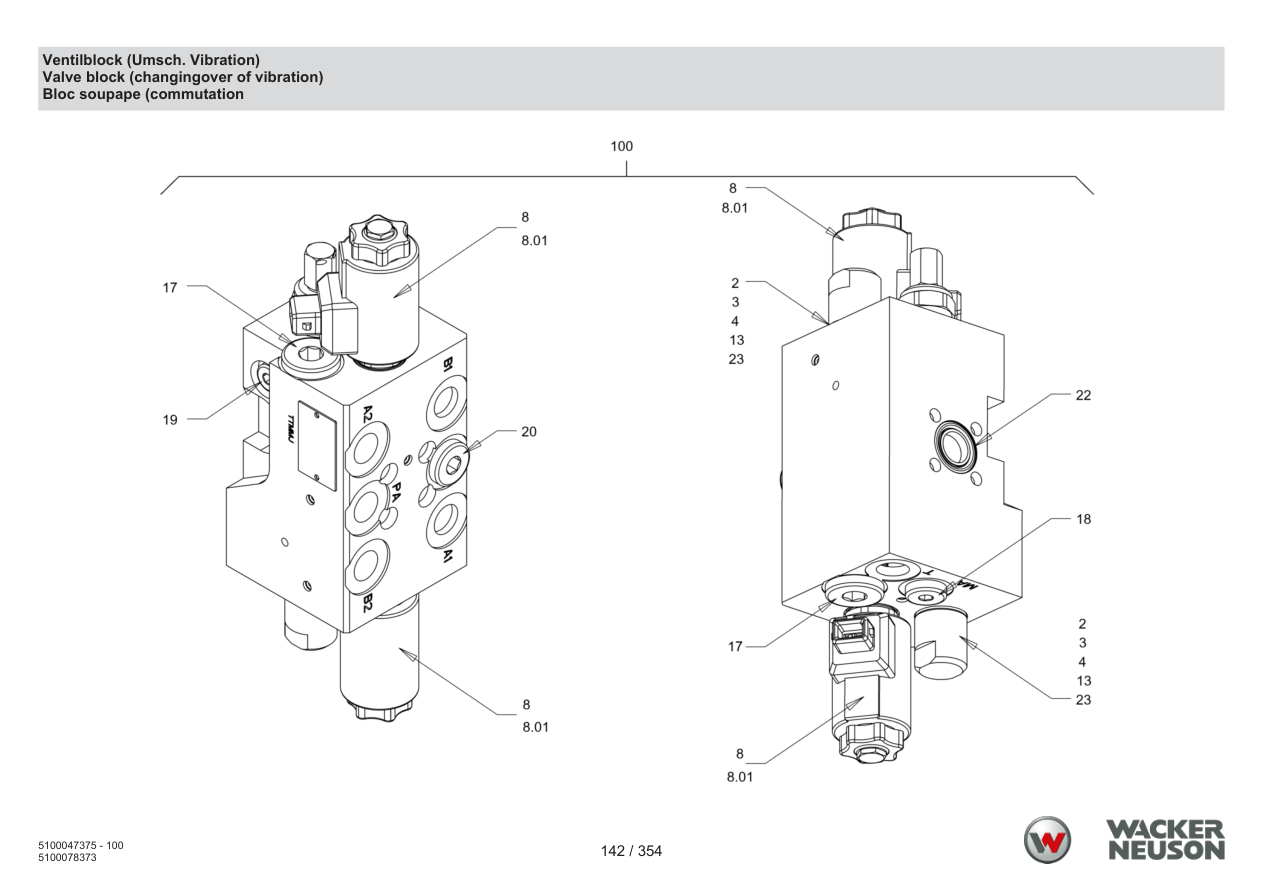 Wacker Neuson RD28-120 Roller Valve block (changeover vibration) parts diagram
