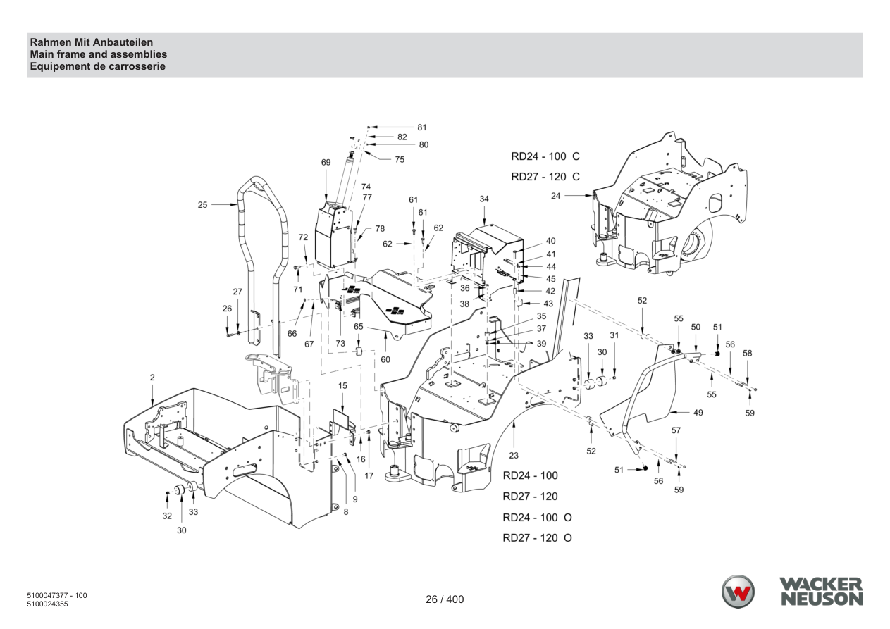 Wacker Neuson RD28-120 Roller Main frame and assemblies parts diagram
