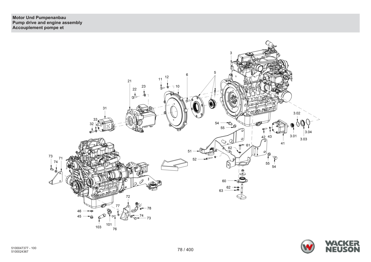 Wacker Neuson RD28-120 Roller Engine and pump assembly parts diagram