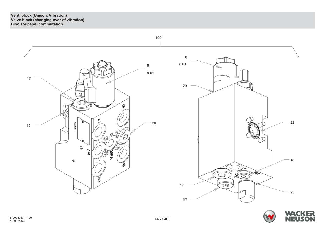 Wacker Neuson RD28-120 Roller Valve block (changeover vibration) parts diagram