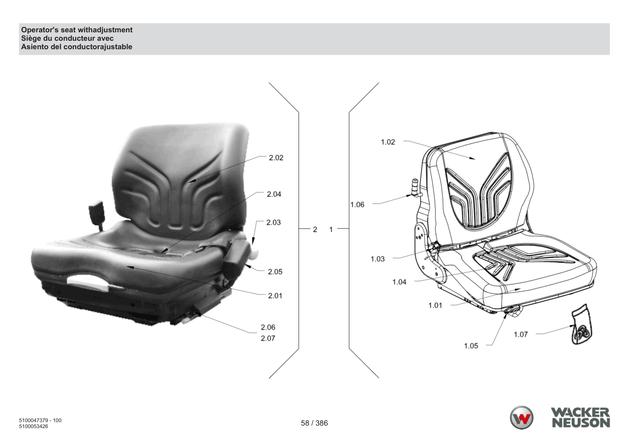 Wacker Neuson RD28-120 Roller Operator's seat withadjustment parts diagram