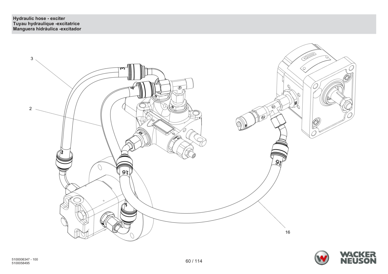 Wacker Neuson RD7 Roller Hydraulic hose - exciter parts diagram