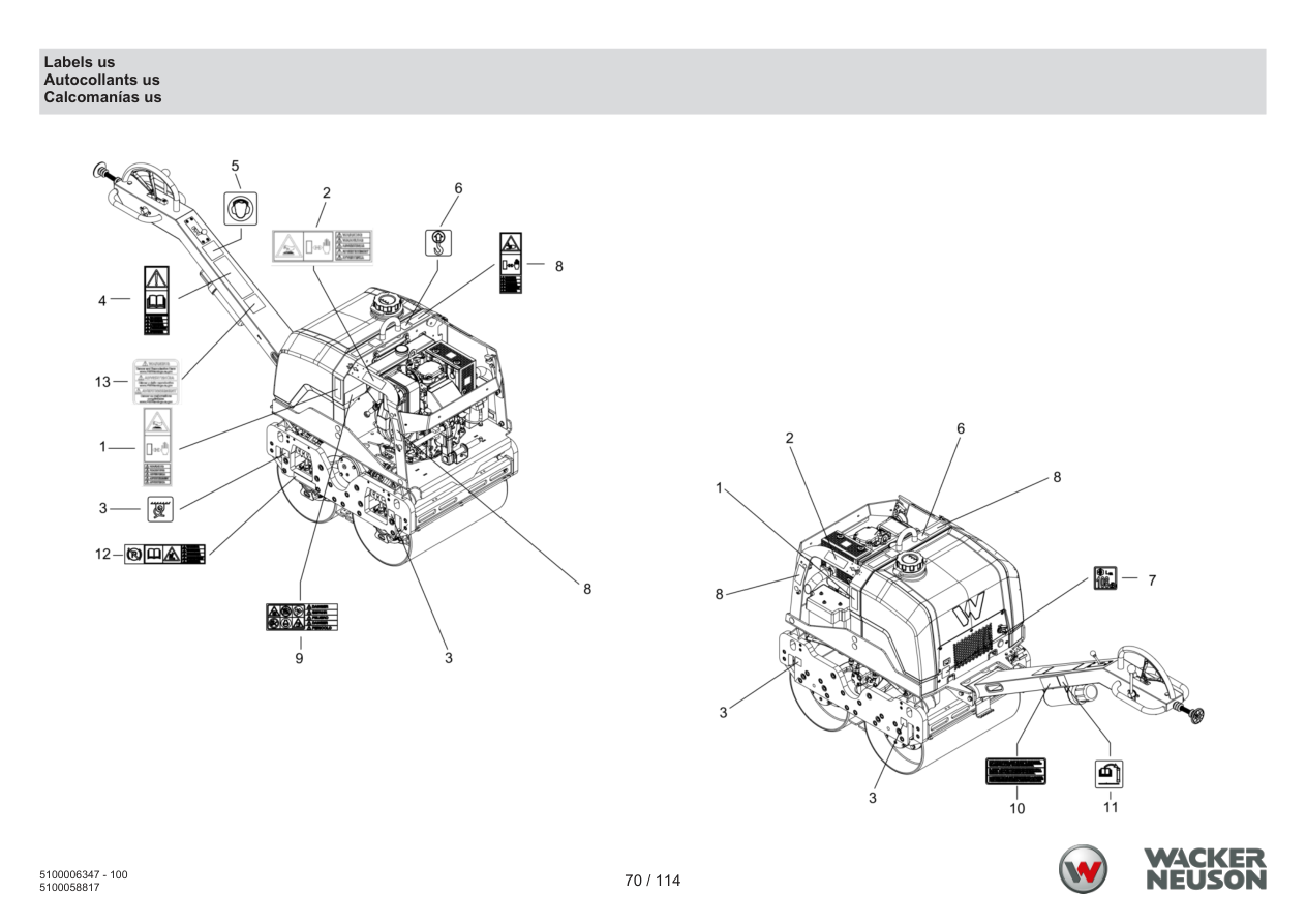 Wacker Neuson RD7 Roller Labels us parts diagram