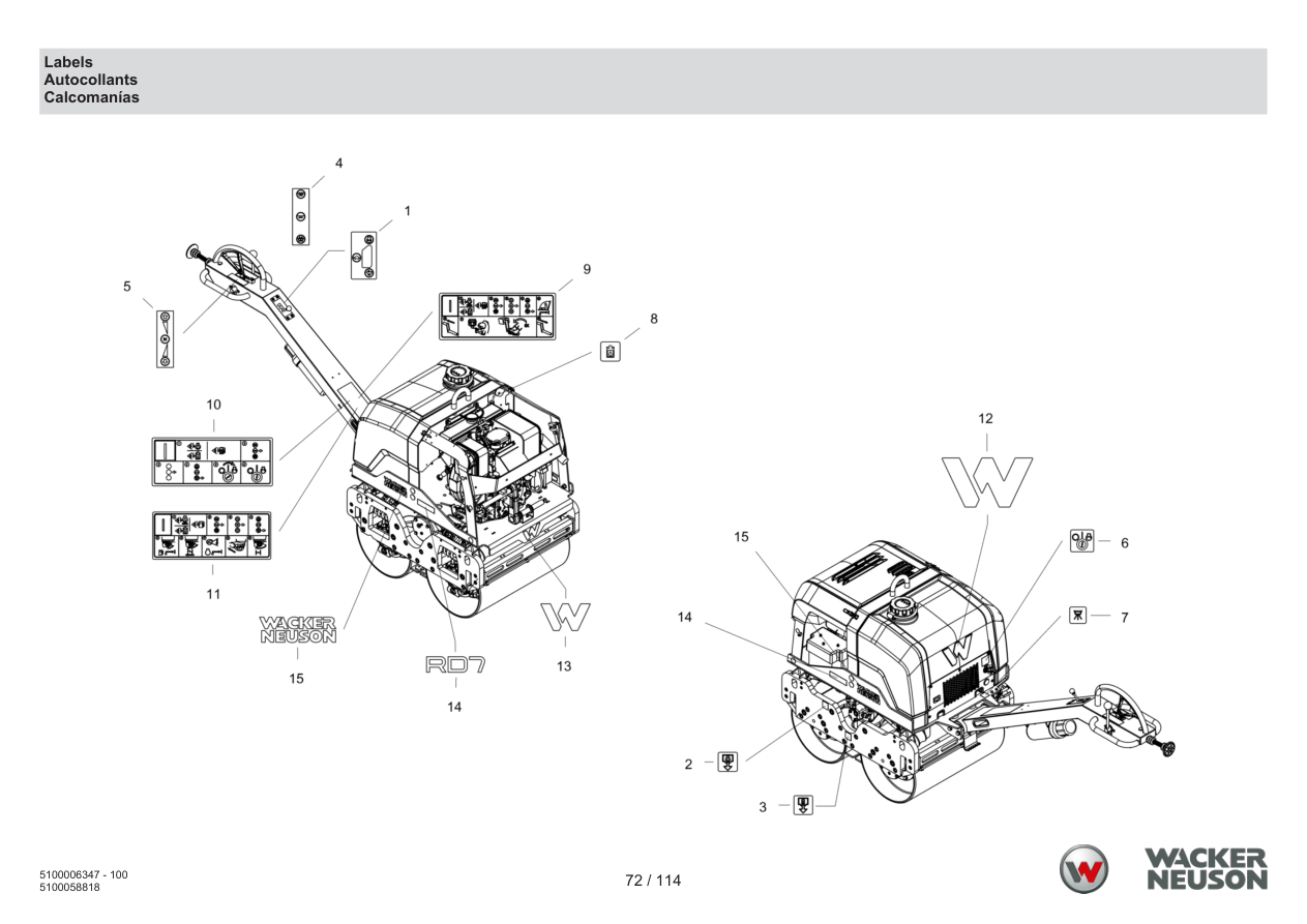 Wacker Neuson RD7 Roller Labels parts diagram