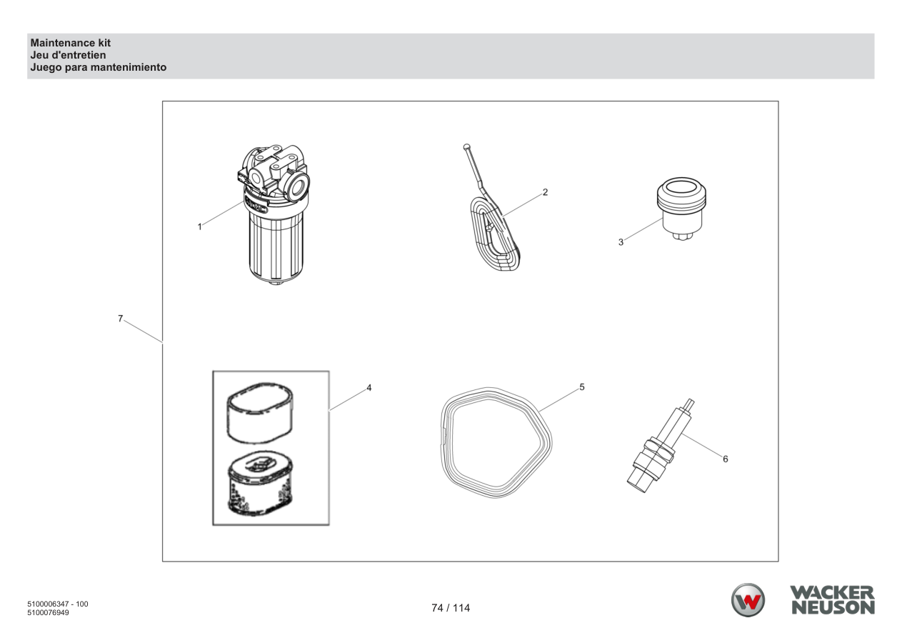 Wacker Neuson RD7 Roller Maintenance kit parts diagram