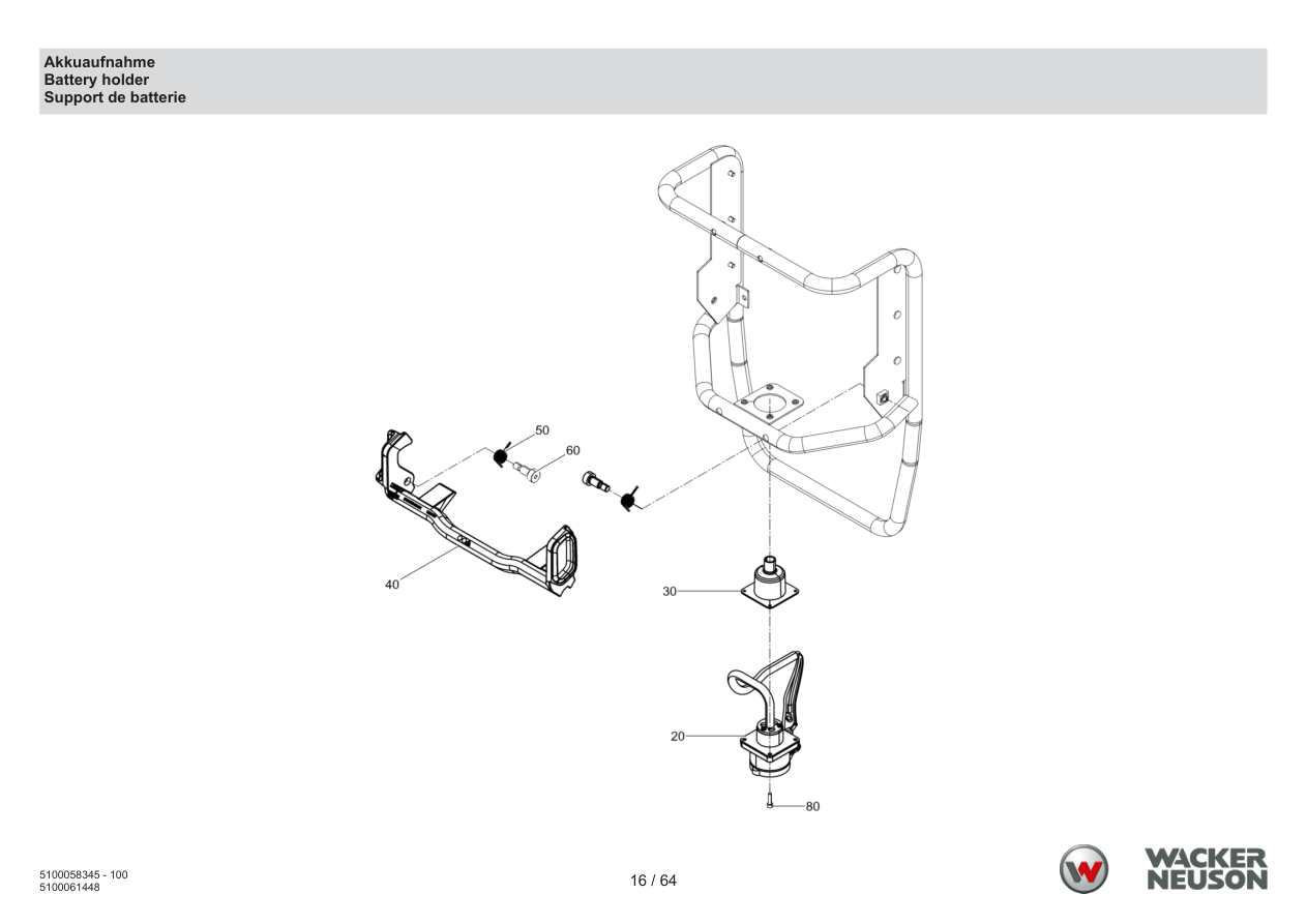 Wacker Neuson ACBe Internal Vibrator Battery holder parts diagram