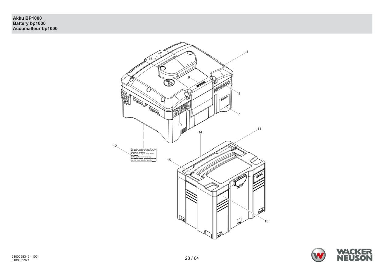 Wacker Neuson ACBe Internal Vibrator Battery BP1000 parts diagram