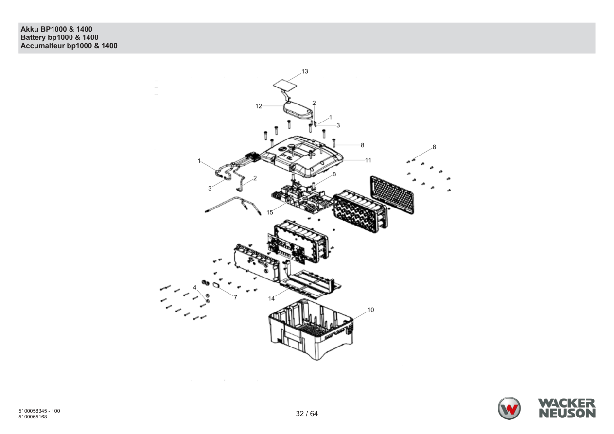 Wacker Neuson ACBe Internal Vibrator Battery BP1000 & 1400 parts diagram