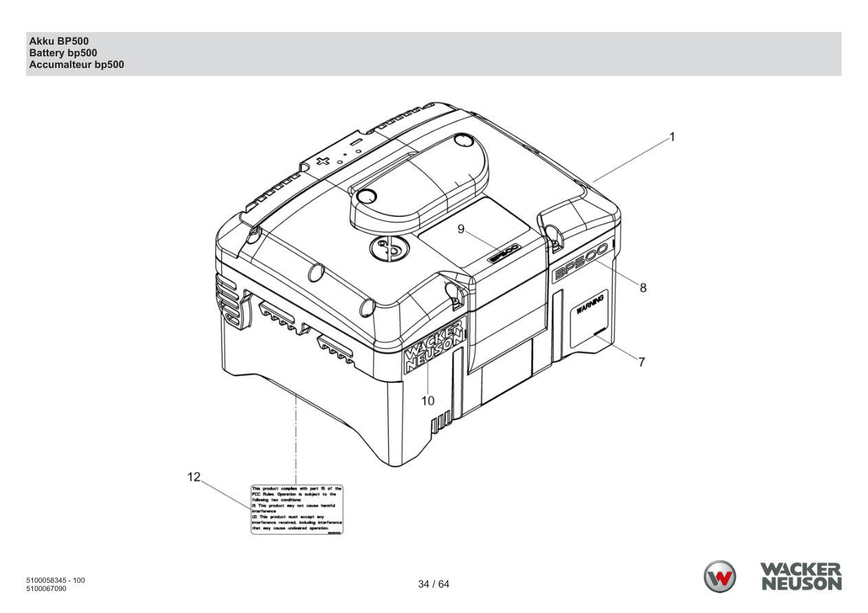 Wacker Neuson ACBe Internal Vibrator Battery BP500 parts diagram