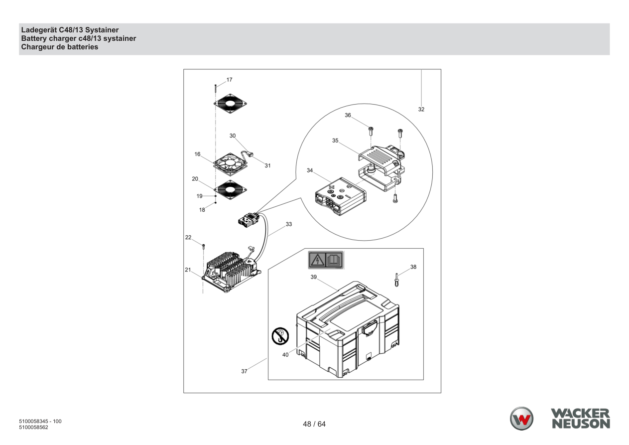 Wacker Neuson ACBe Internal Vibrator Battery charger c48/13 systainer parts diagram