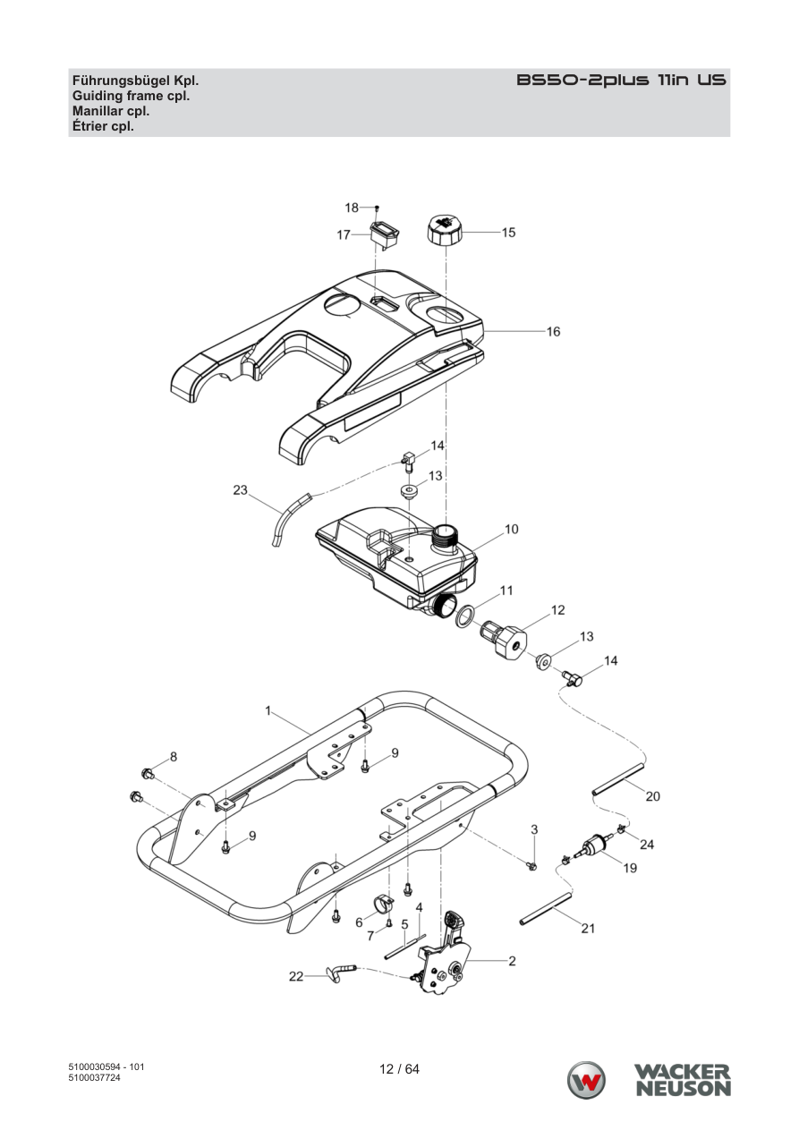 Wacker Neuson BS50-2 Vibratory Rammer Guiding frame cpl. parts diagram