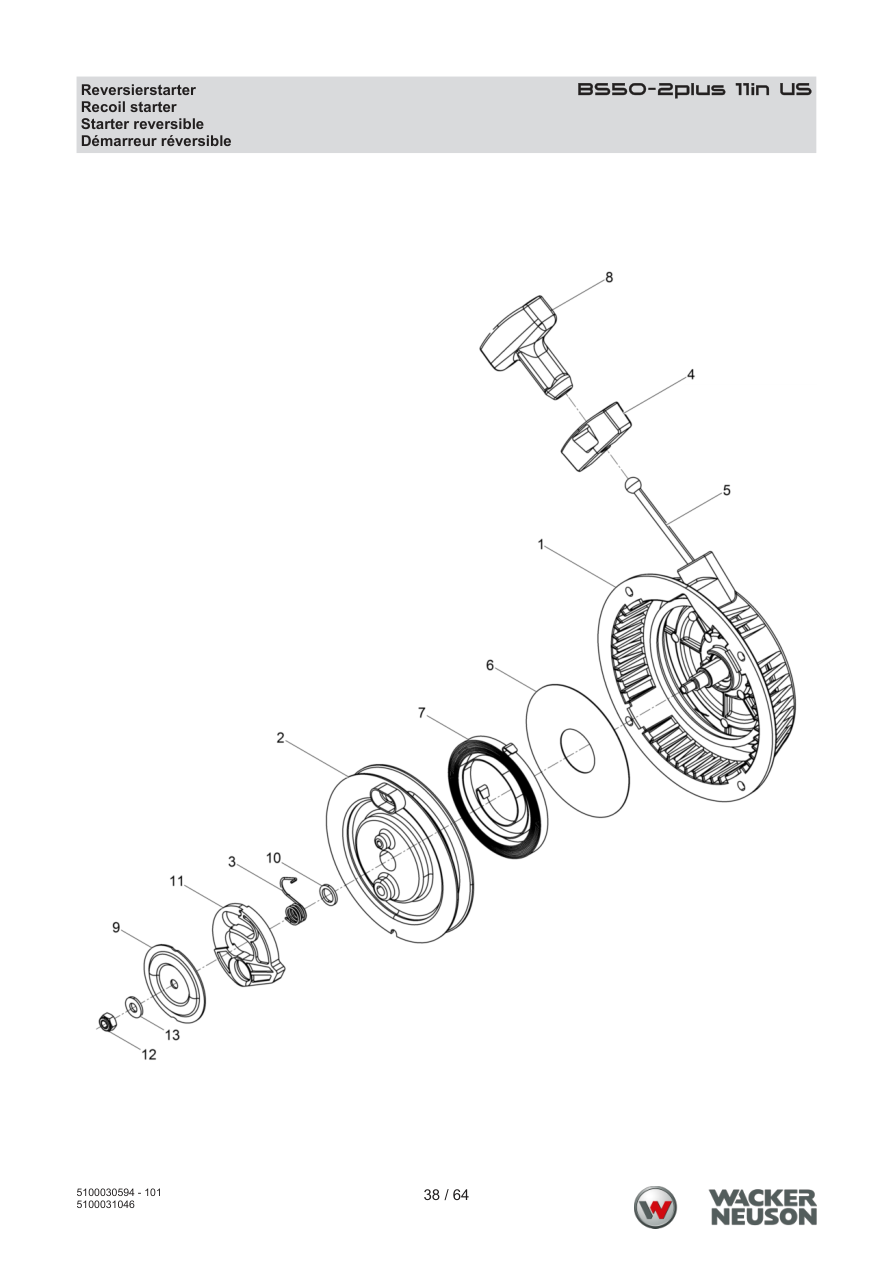 Wacker Neuson BS50-2 Vibratory Rammer BS50-2plus 11in US Recoil starter parts diagram
