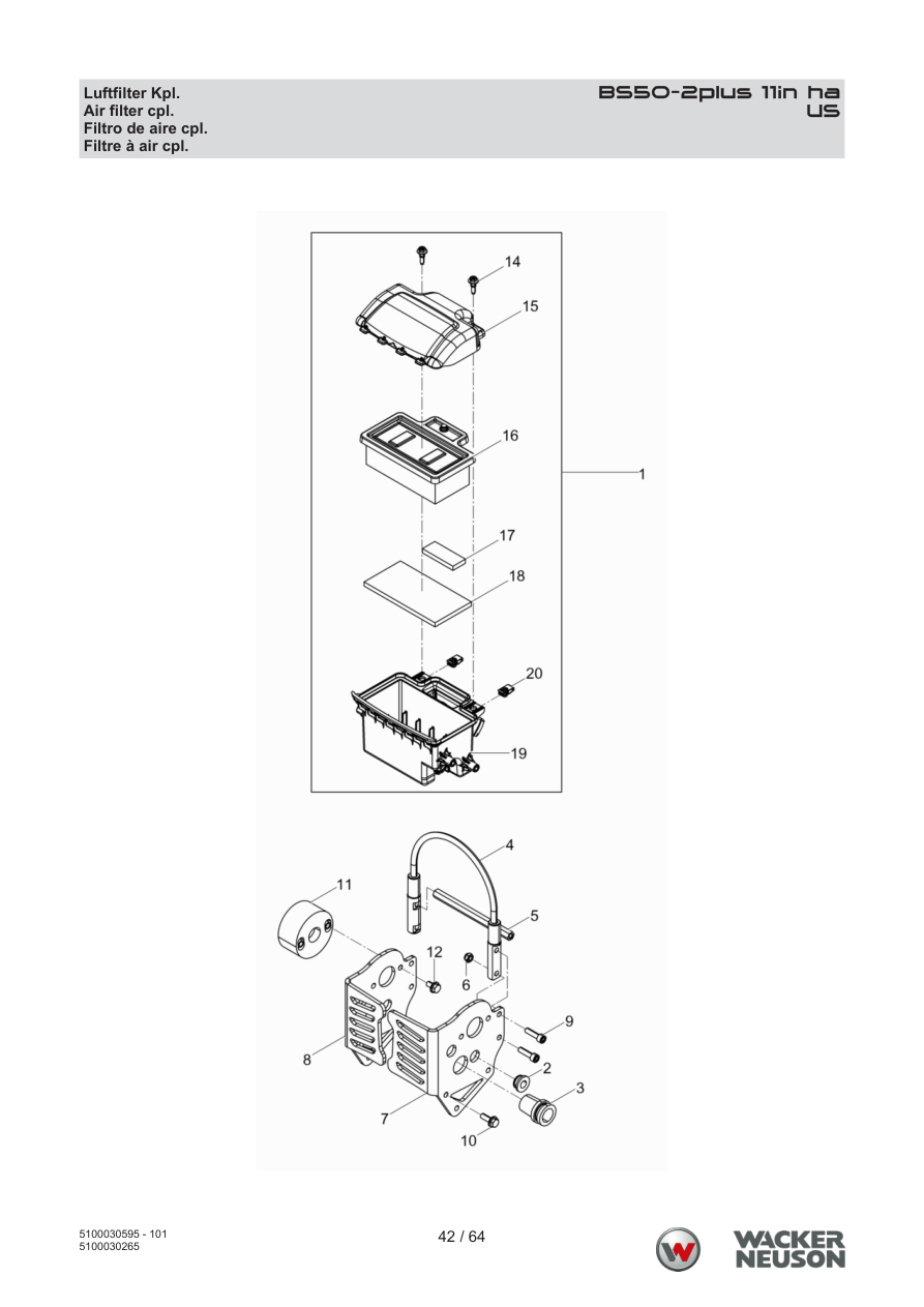 Wacker Neuson BS50-2 Vibratory Rammer US Air filter cpl. parts diagram