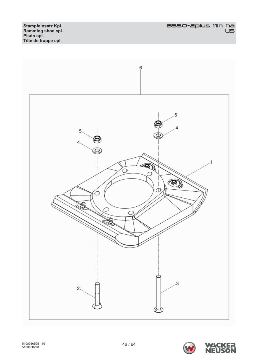 Wacker Neuson BS50-2 Vibratory Rammer US Ramming shoe cpl. parts diagram