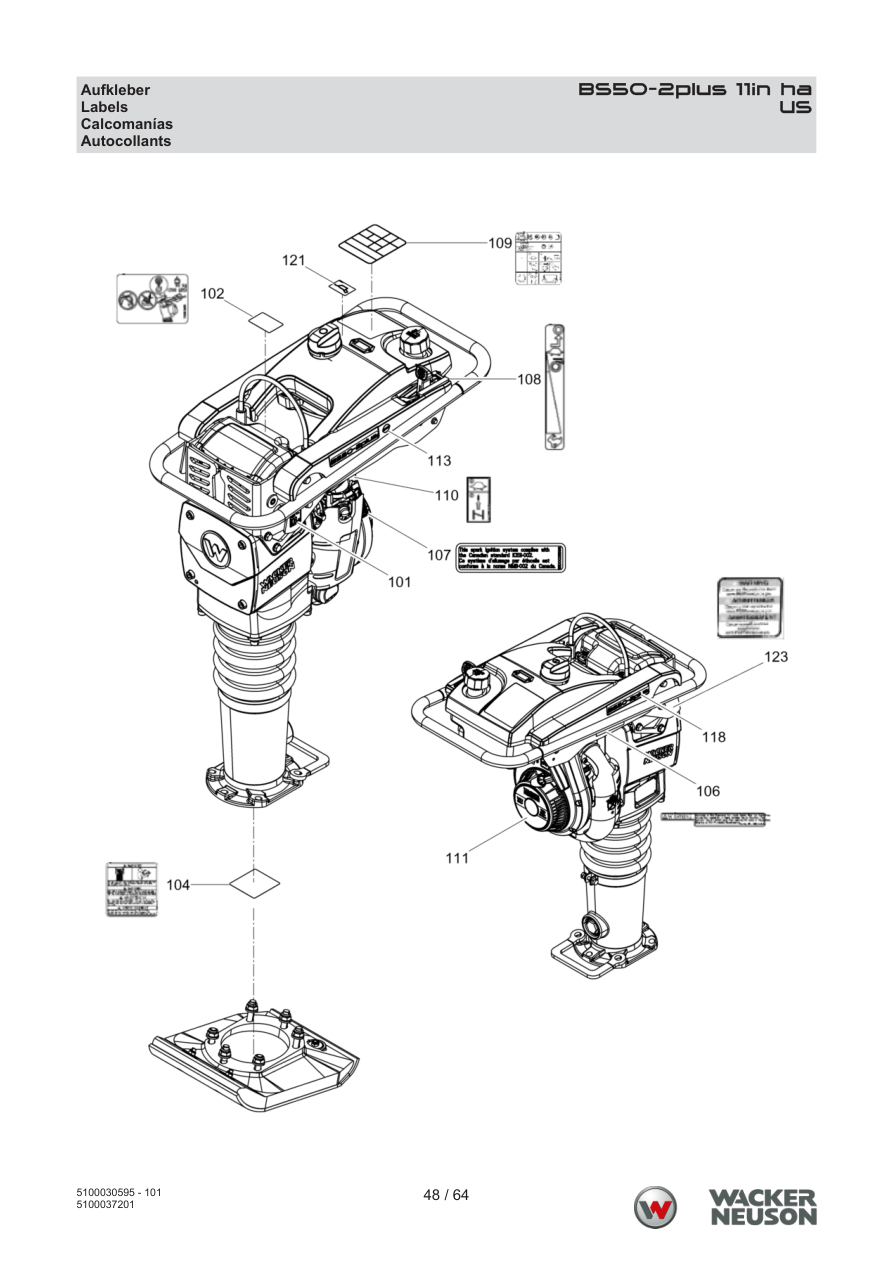 Wacker Neuson BS50-2 Vibratory Rammer BS50-2plus 11in ha Decals parts diagram