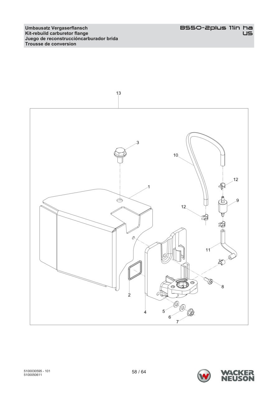 Wacker Neuson BS50-2 Vibratory Rammer US Kit-rebuild carburetor flange parts diagram