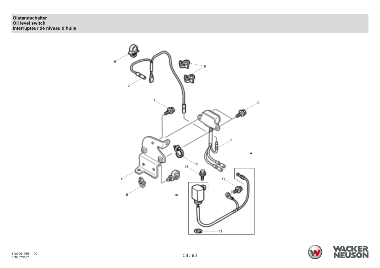 Wacker Neuson BS62-4 Vibratory Rammer Oil level switch parts diagram