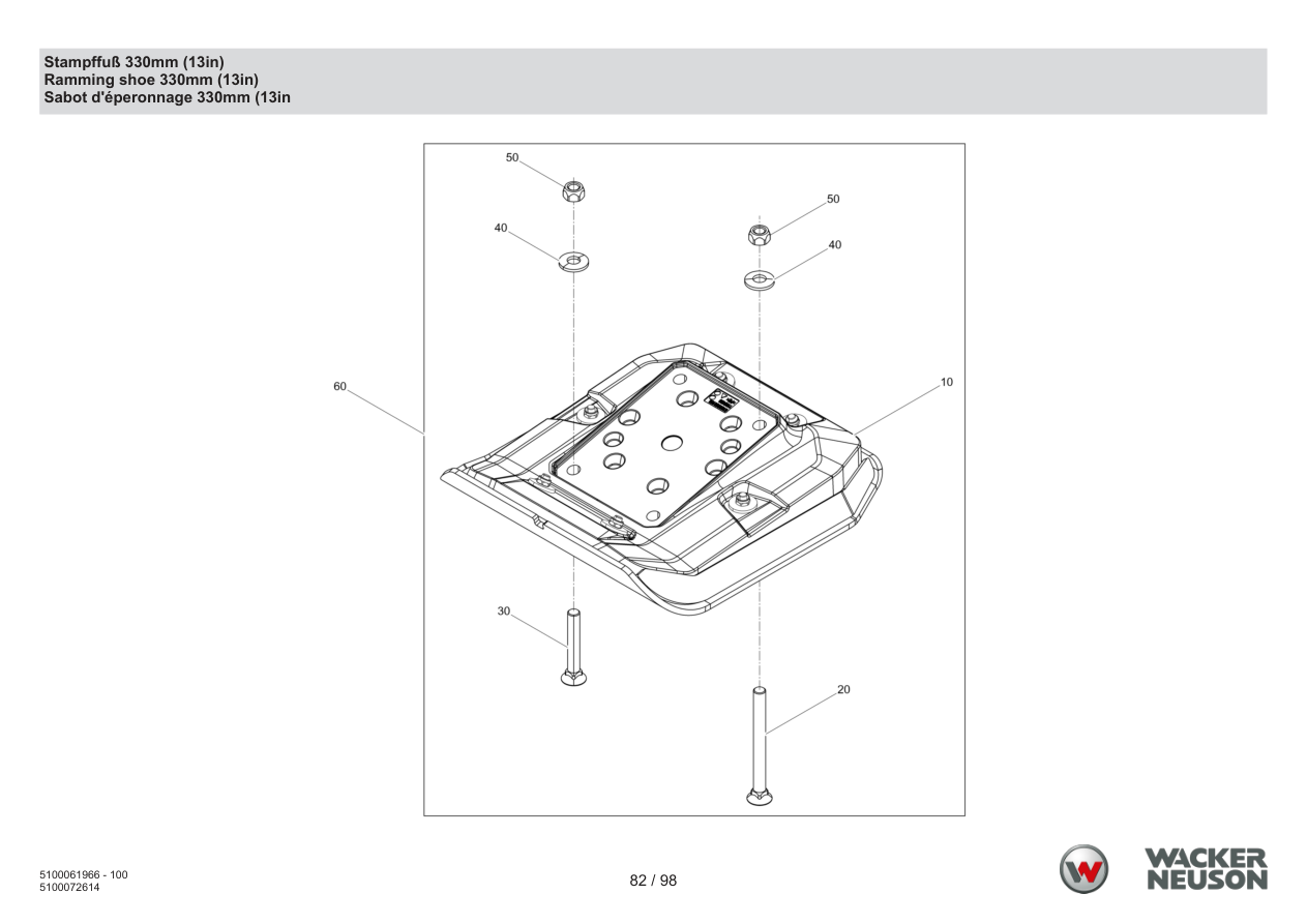 Wacker Neuson BS62-4 Vibratory Rammer Ramming Shoe 330mm (13in) parts diagram