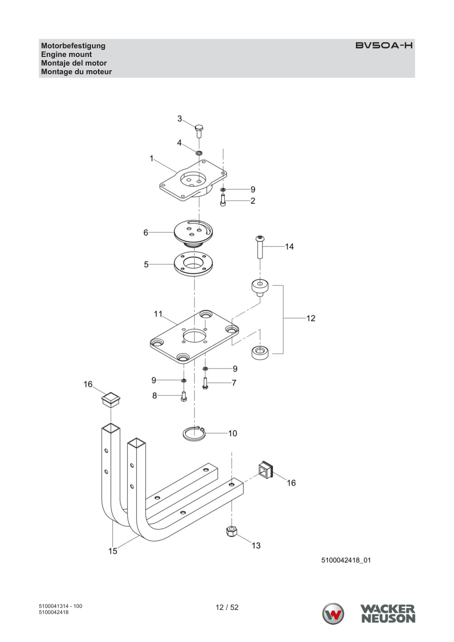Wacker Neuson BV50 Internal Vibrator BV50A-H Engine Mount parts diagram