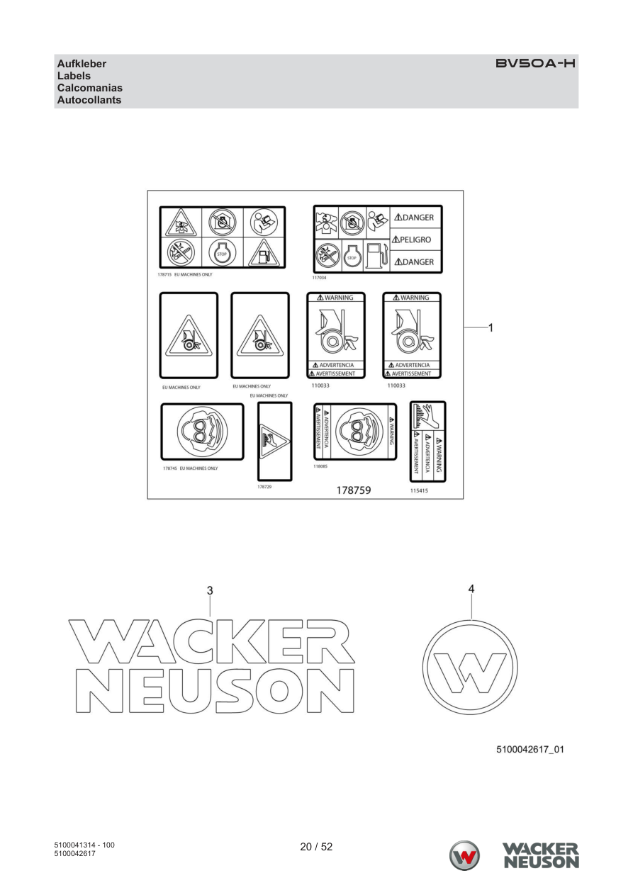 Wacker Neuson BV50 Internal Vibrator BV50A-H Decals parts diagram