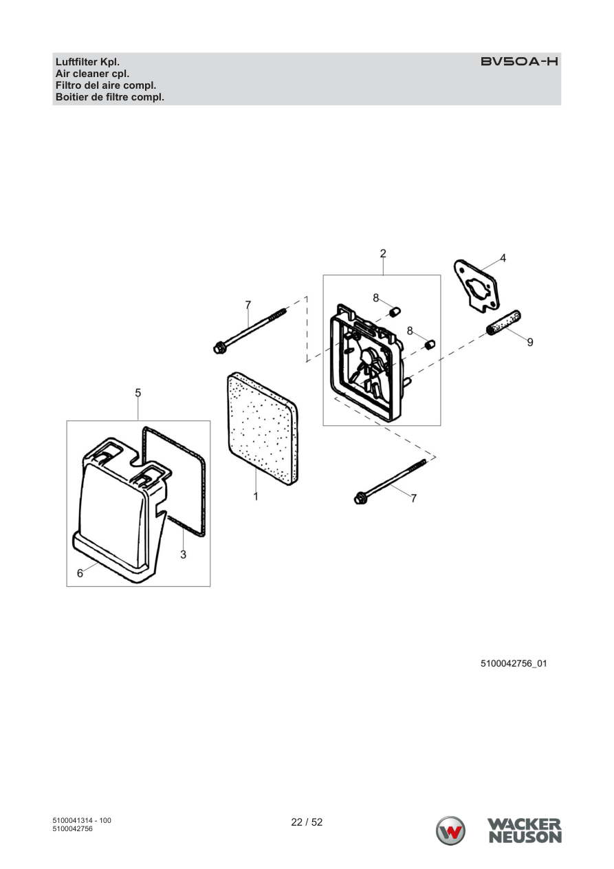 Wacker Neuson BV50 Internal Vibrator Air cleaner cpl. parts diagram