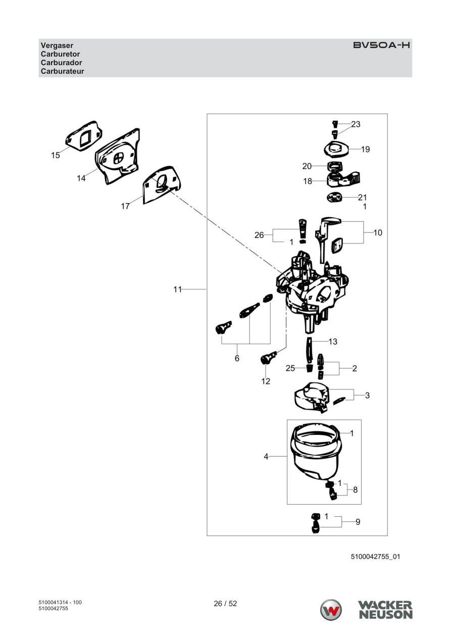 Wacker Neuson BV50 Internal Vibrator BV50A-H Carburetor parts diagram