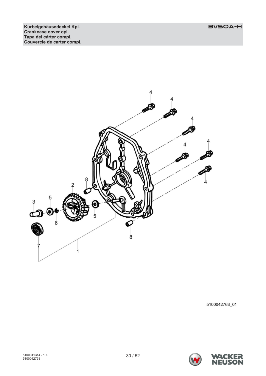 Wacker Neuson BV50 Internal Vibrator Crankcase cover cpl. parts diagram