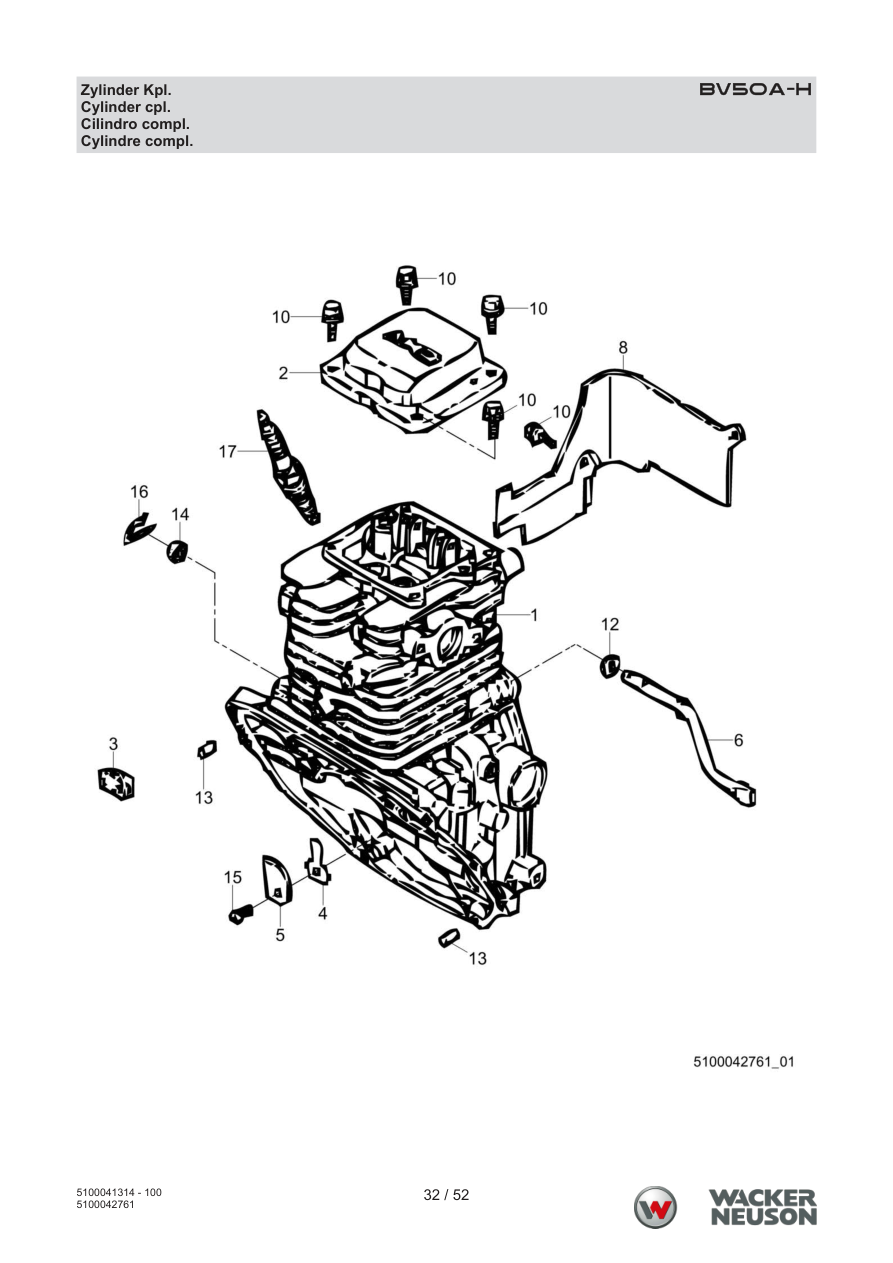 Wacker Neuson BV50 Internal Vibrator Cylinder cpl. parts diagram