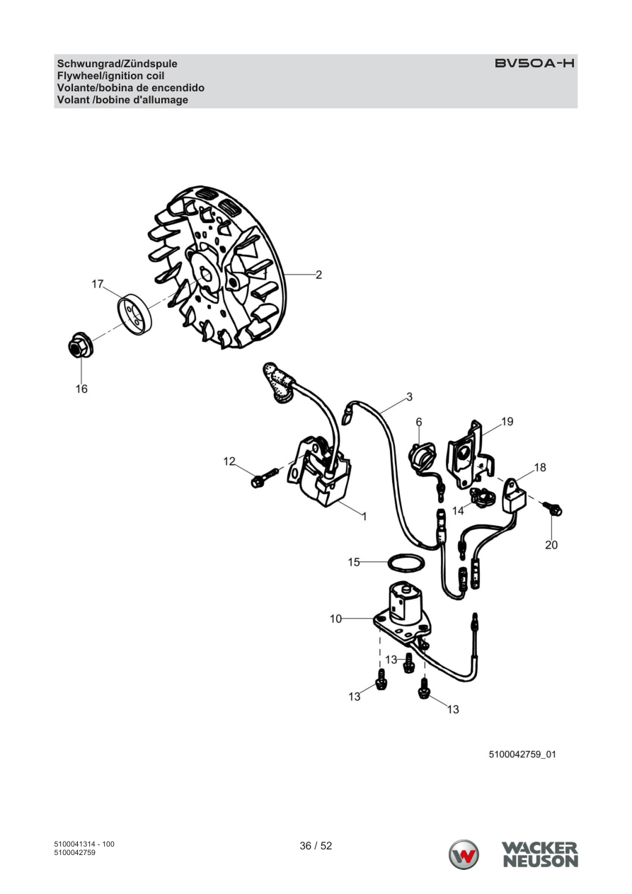 Wacker Neuson BV50 Internal Vibrator Flywheel/ignition coil parts diagram