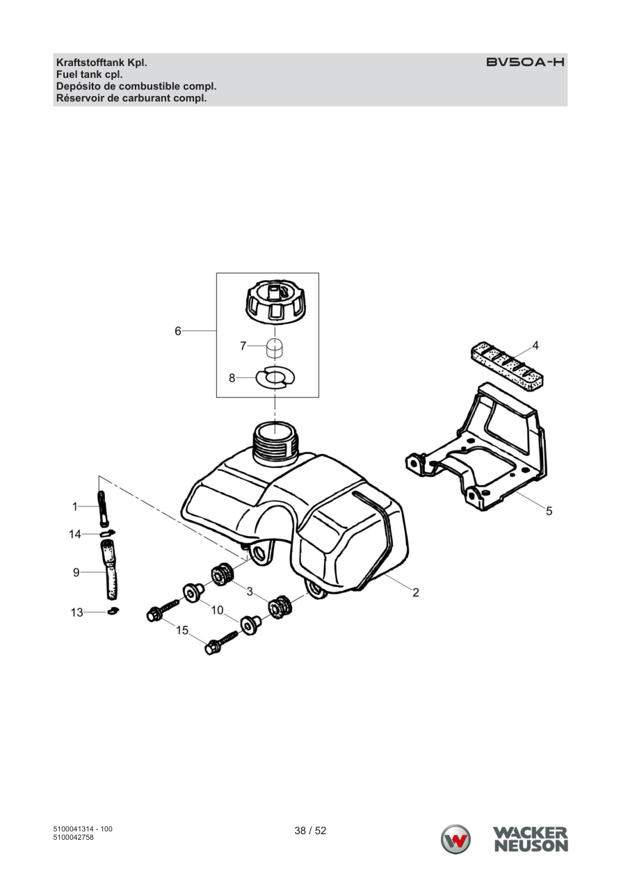 Wacker Neuson BV50 Internal Vibrator Fuel tank complete parts diagram
