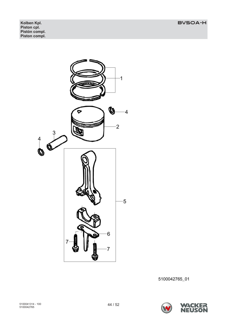 Wacker Neuson BV50 Internal Vibrator Piston cpl. parts diagram