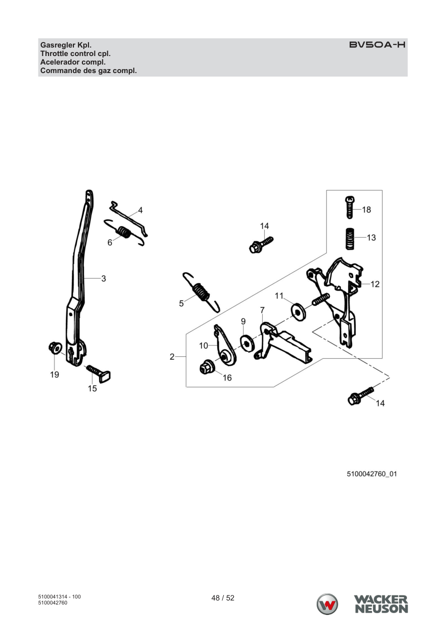 Wacker Neuson BV50 Internal Vibrator Throttle control cpl. parts diagram