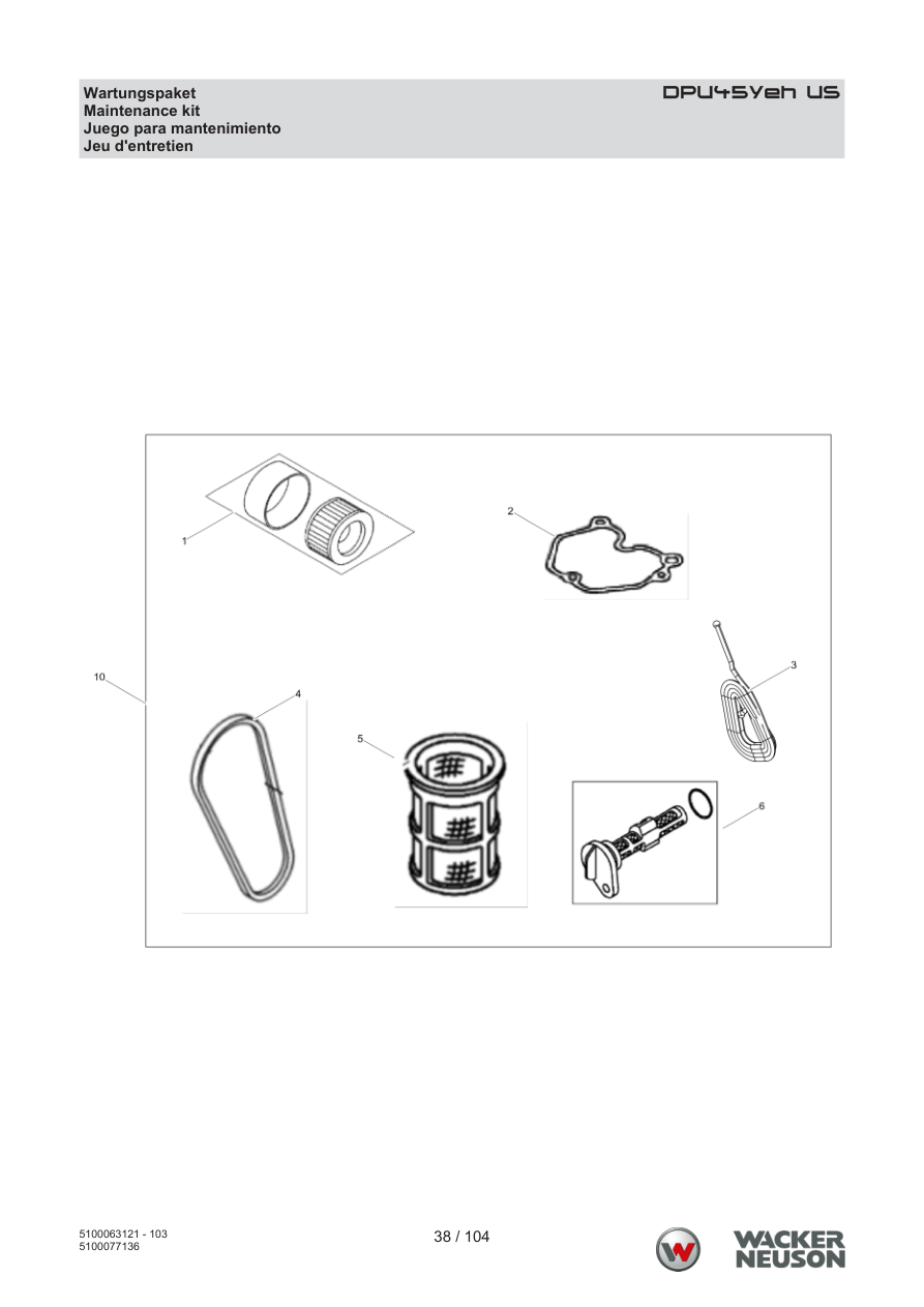Wacker Neuson DPU45 Vibratory Plate DPU45Yeh US Maintenance kit parts diagram