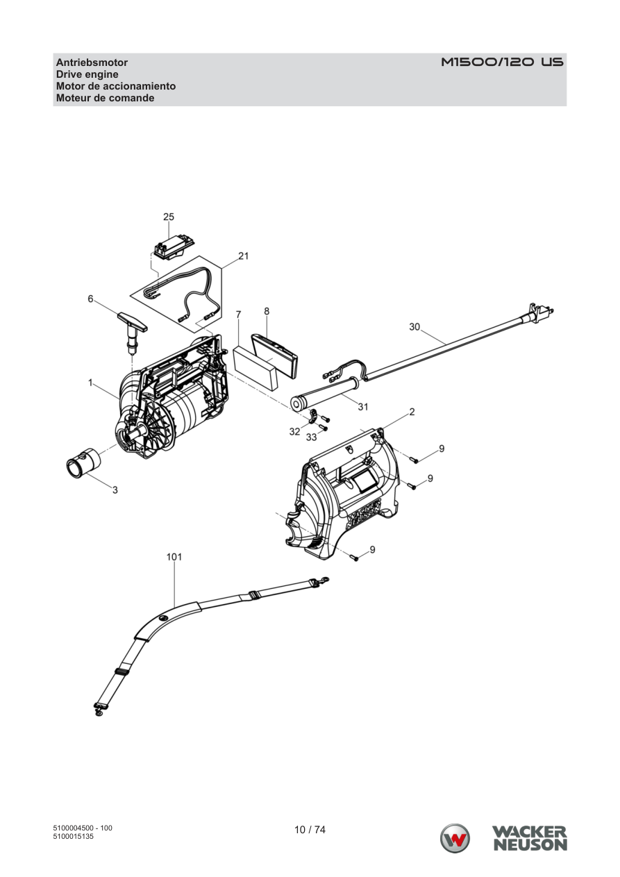 Wacker Neuson M1500 Internal Vibrator M1500/120 US Drive motor parts diagram