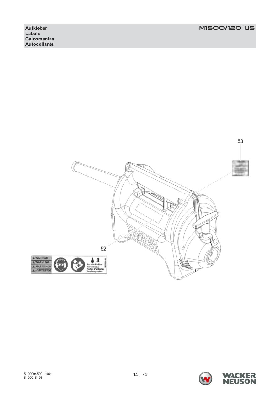 Wacker Neuson M1500 Internal Vibrator M1500/120 US Sticker parts diagram