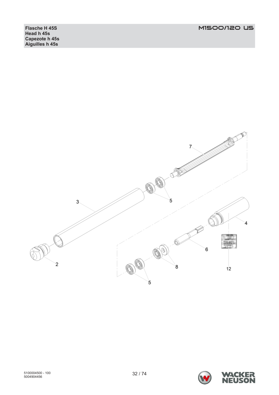 Wacker Neuson M1500 Internal Vibrator M1500/120 US Bottle H 45S parts diagram