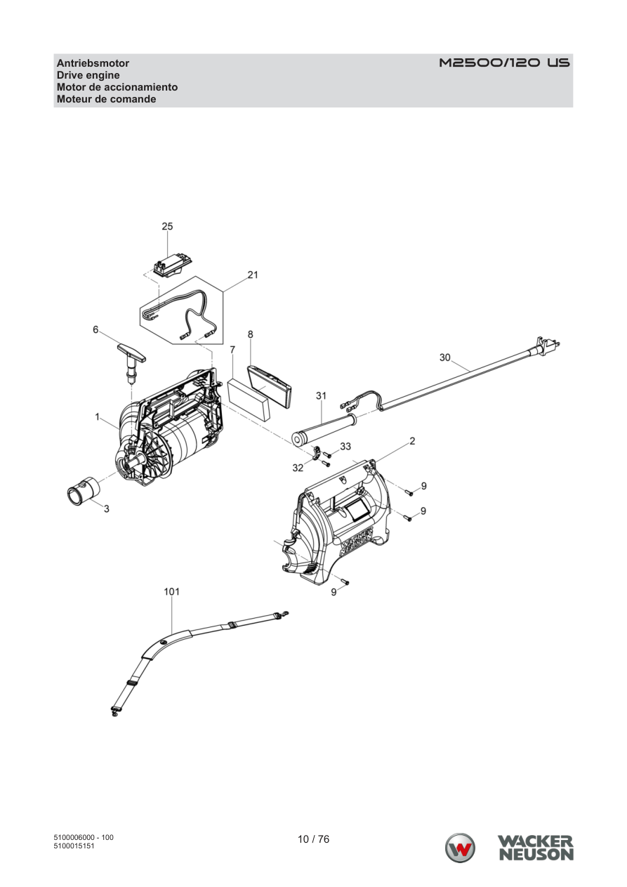Wacker Neuson M2500 Internal Vibrator M2500/120 US Drive motor parts diagram