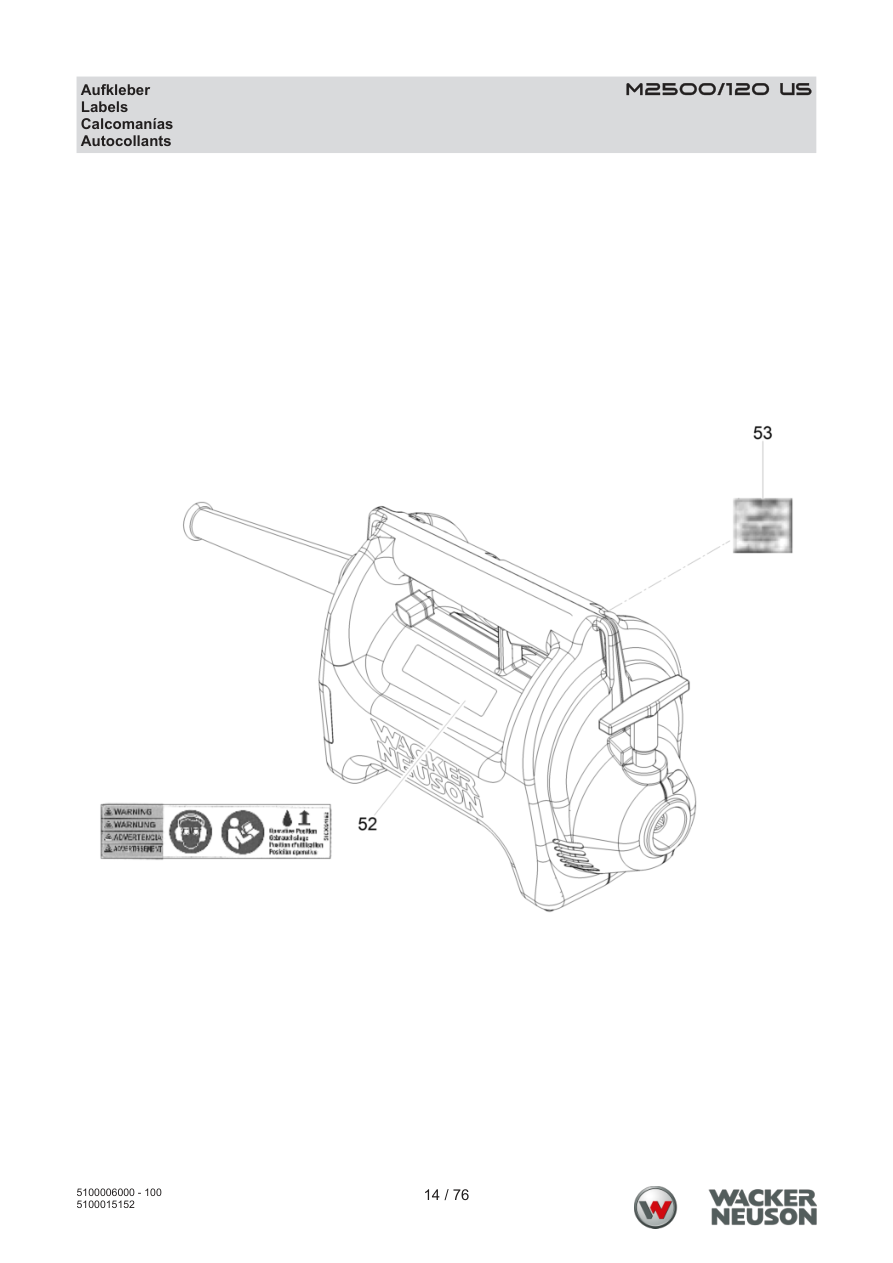 Wacker Neuson M2500 Internal Vibrator M2500/120 US Sticker parts diagram