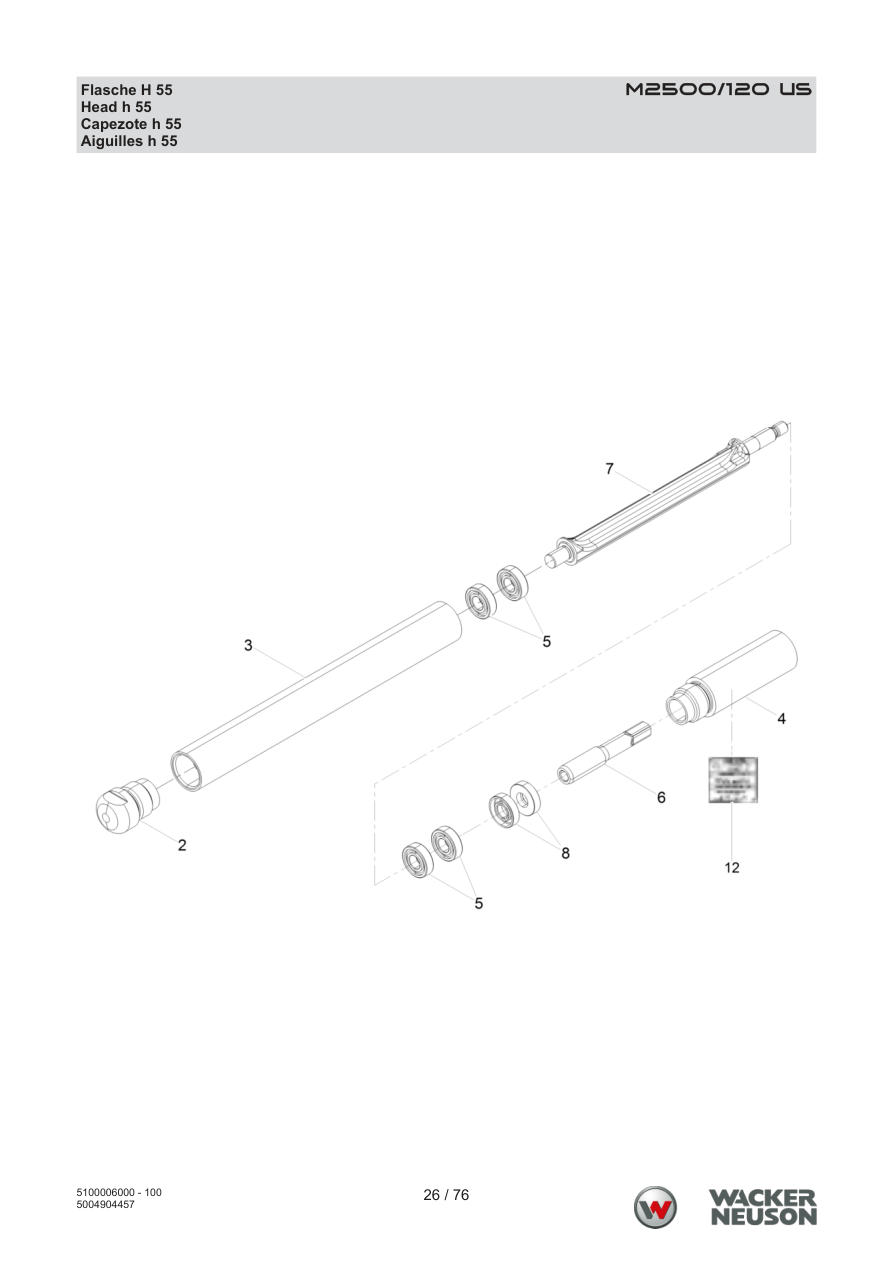Wacker Neuson M2500 Internal Vibrator M2500/120 US Bottle H 55 parts diagram