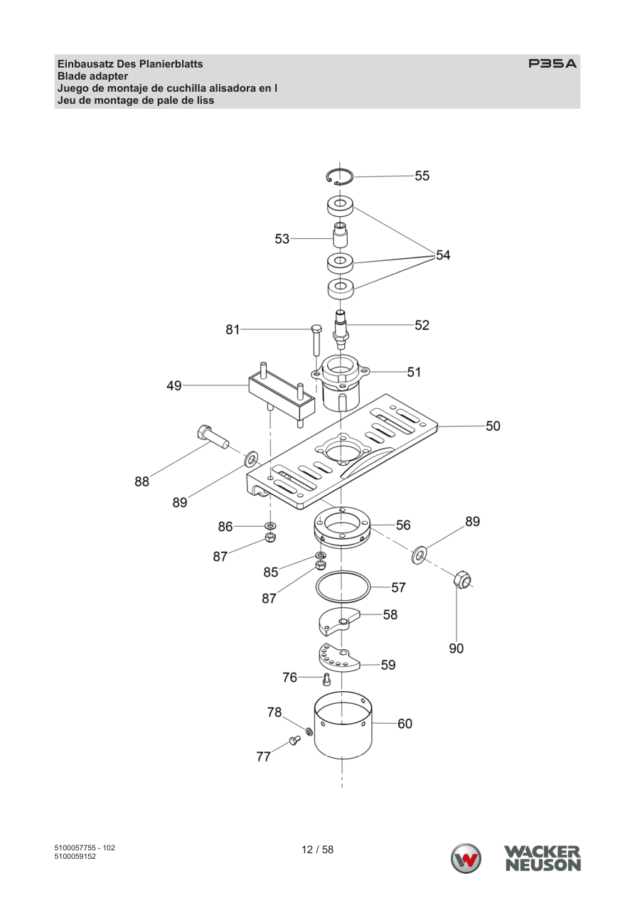 Wacker Neuson P35 Vibratory Screed P35A Installation kit of the dozer blade parts diagram