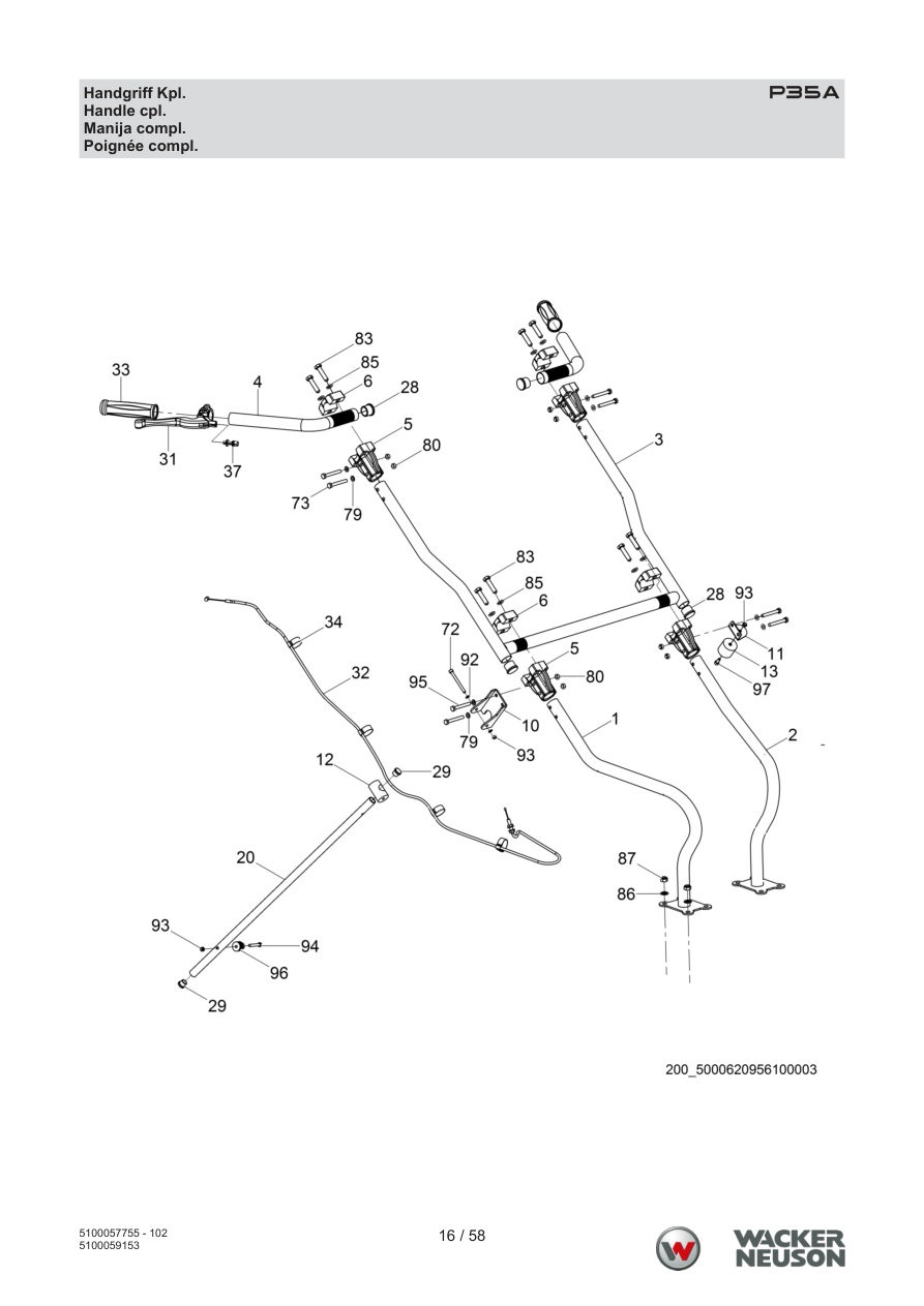 Wacker Neuson P35 Vibratory Screed Handle cpl. parts diagram