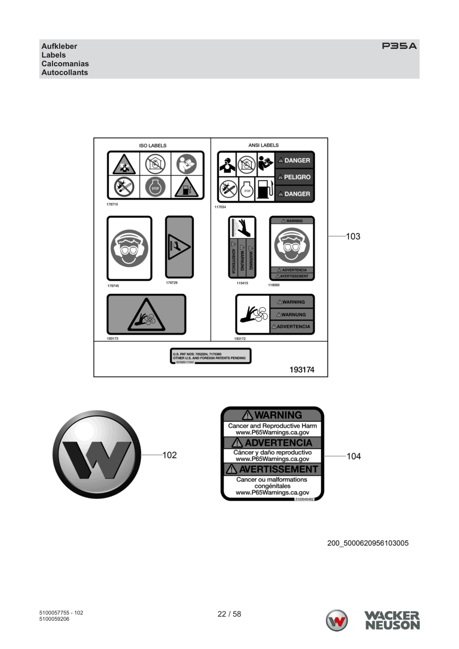 Wacker Neuson P35 Vibratory Screed P35A Sticker parts diagram