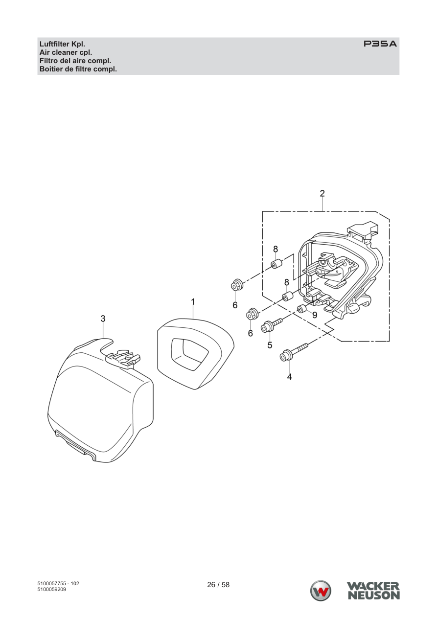 Wacker Neuson P35 Vibratory Screed Air cleaner cpl. parts diagram