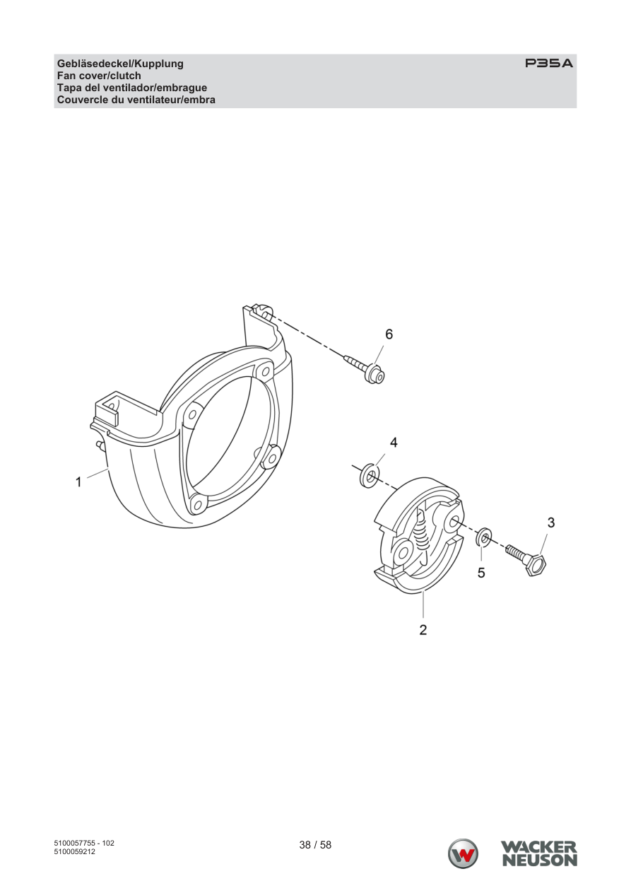 Wacker Neuson P35 Vibratory Screed Fan cover/clutch parts diagram