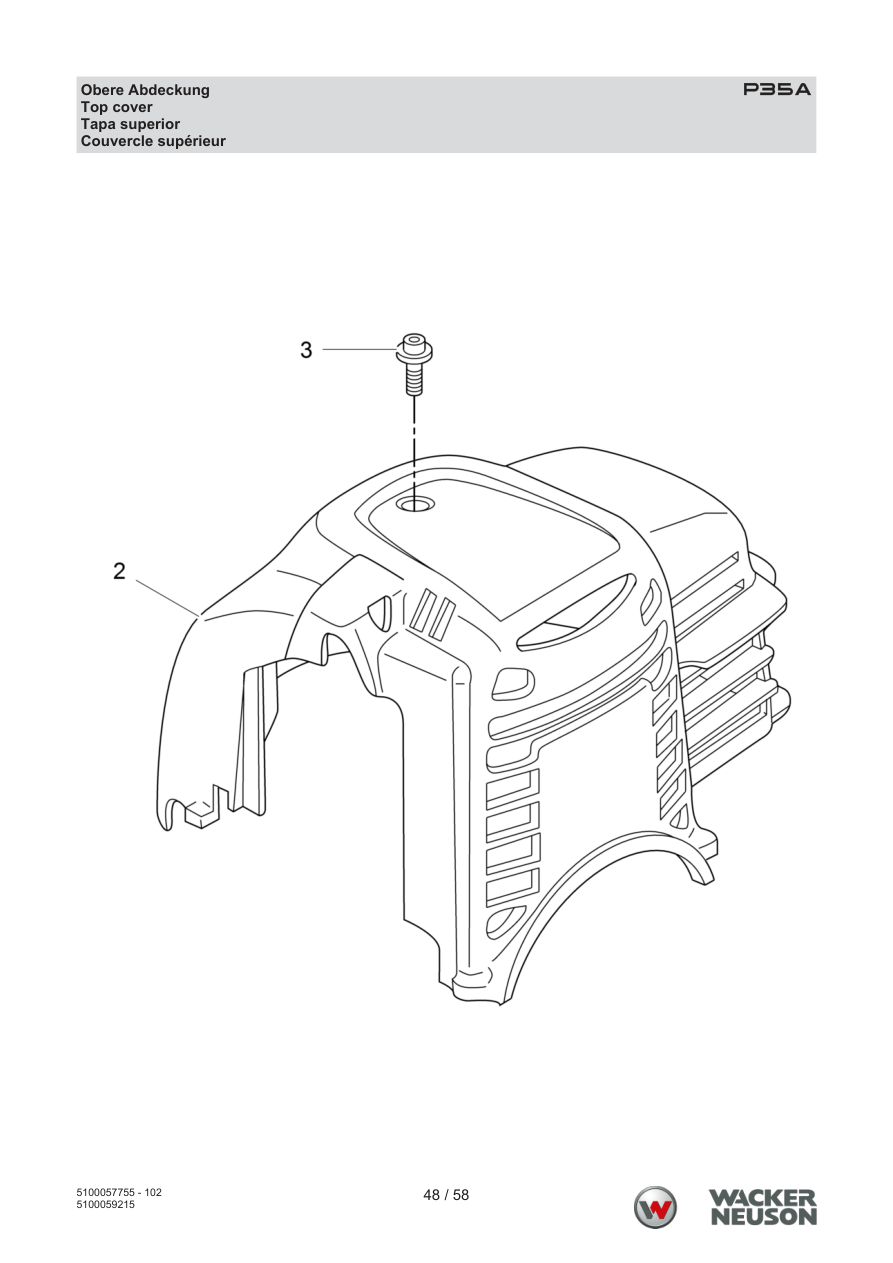 Wacker Neuson P35 Vibratory Screed Top cover parts diagram