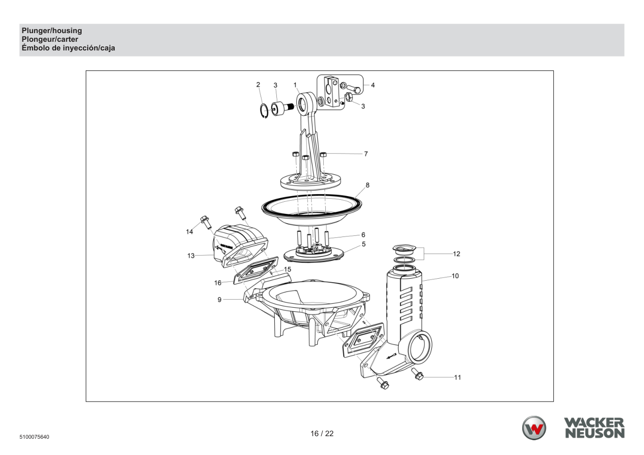 Wacker Neuson PDT2 Trash Pump Plunger/housing parts diagram